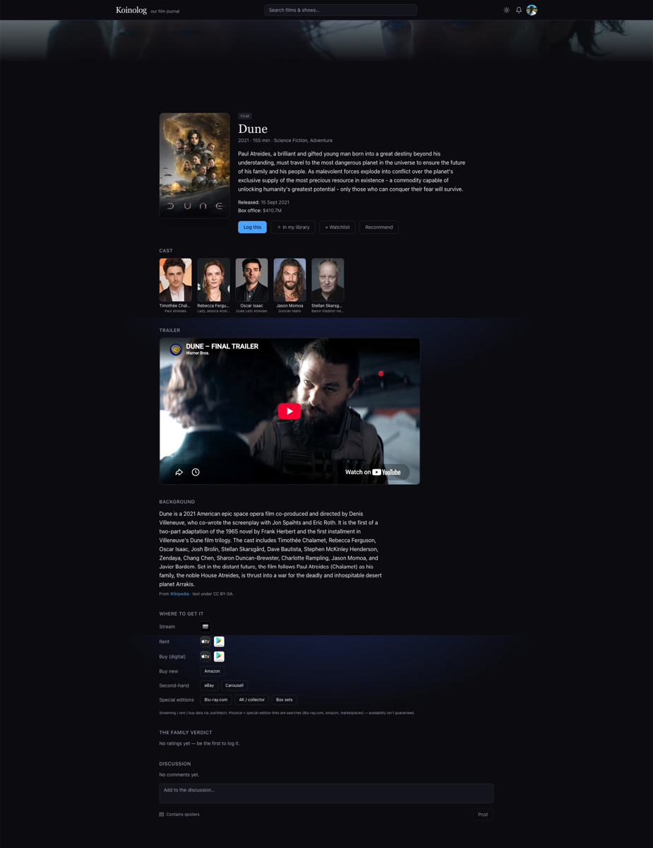A Koinolog title page: cast, background, and where to watch and buy including collector editions